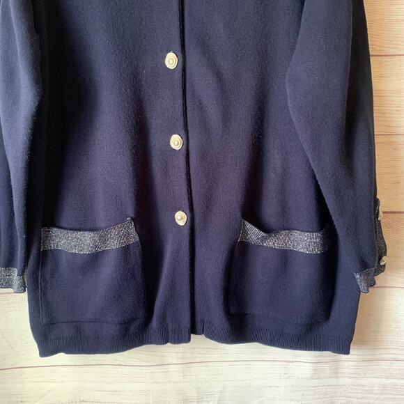 Vintage Karen Lessly Navy Cardigan Silver Metallic Thread and Rose Buttons Large - Picture 4 of 13